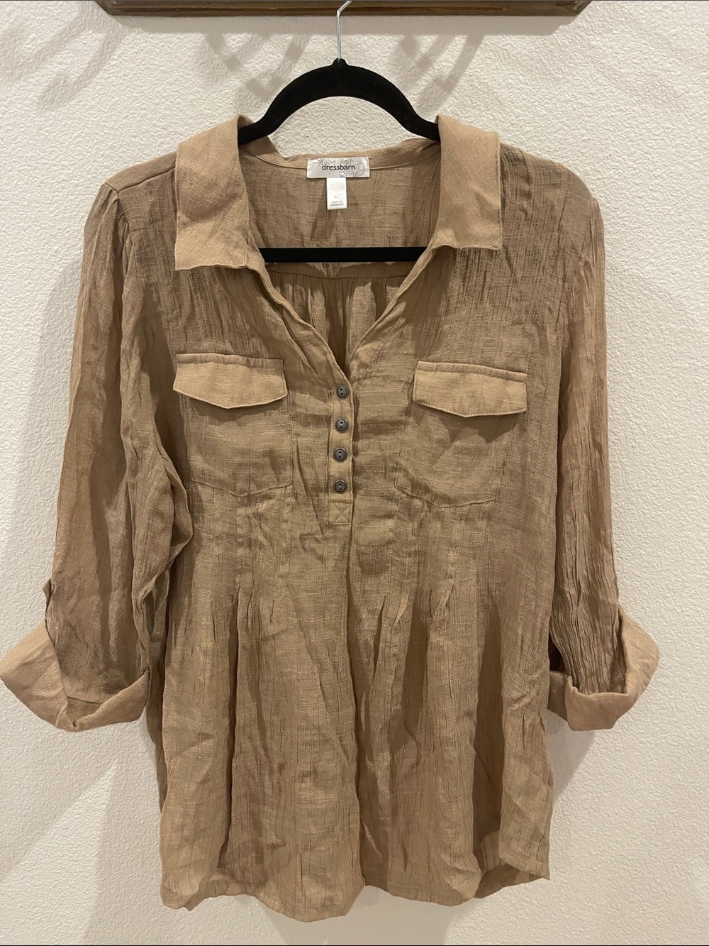 dressbarn Lightweight Tan Button-Front Collared Blouse